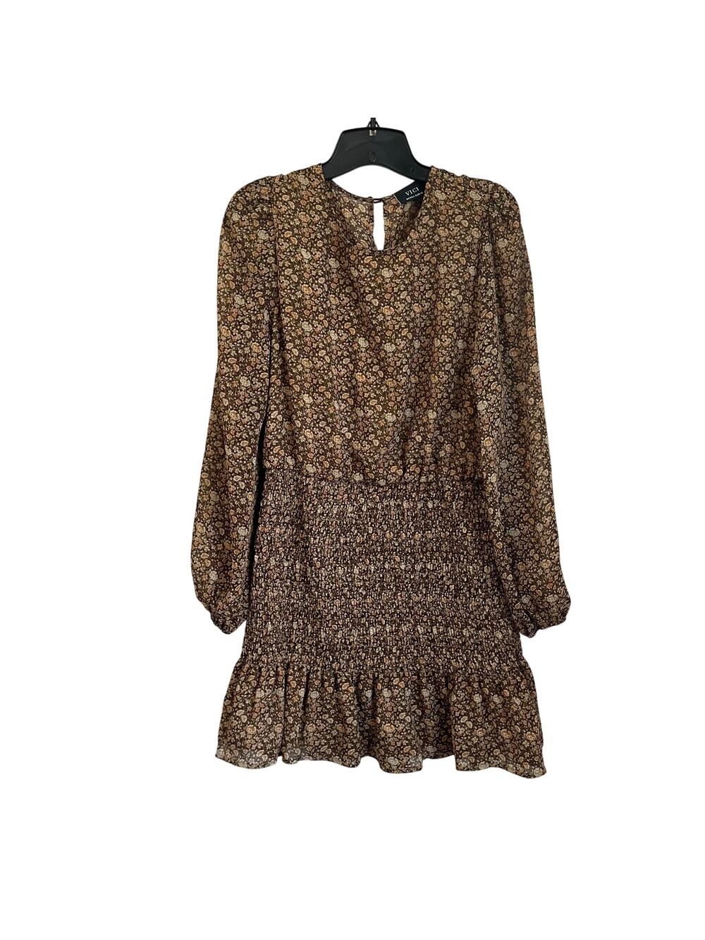 VICI Brown Floral Smocked Mini Dress Long Sleeve Flounce Boho XL